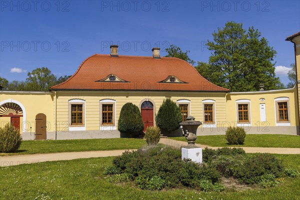 The baroque Königshain Castle is one of the two castles in the East Saxon municipality of Königshain in the district of Görlitz, which belongs to Upper Lusatia, alongside the Renaissance Königshain Castle. It was built between 1764 and 1766 and is part of the extensive estate of the former Königshain manor, which also includes the Renaissance castle and a large number of farm buildings., Königshain, Saxony, Germany, Europe