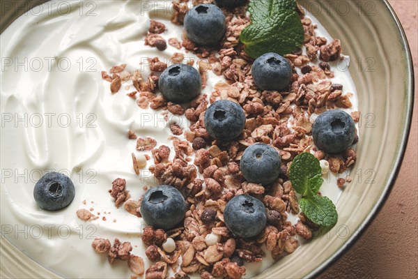 Yogurt with chocolate muesli, with berries, blueberries, breakfast, close-up, fork on top, no people