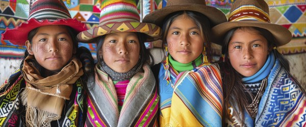 Smiling native indigenous people of Bolivia and South America, dressed in colorful native clothes, AI generated