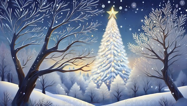 Illustration of a Christmas tree in a snowy winter landscape at night, AI-generated image, AI generated