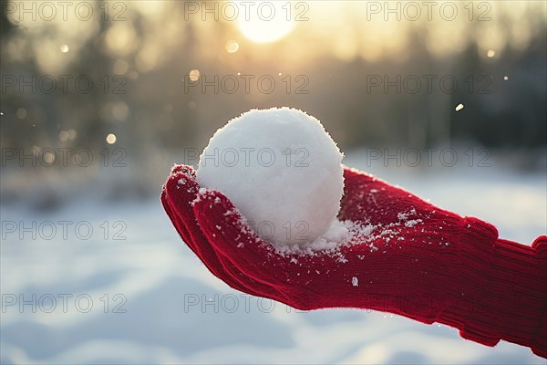 Hand in red knitted glove holding snowball with winter landscape in background. Generative Ai, AI generated