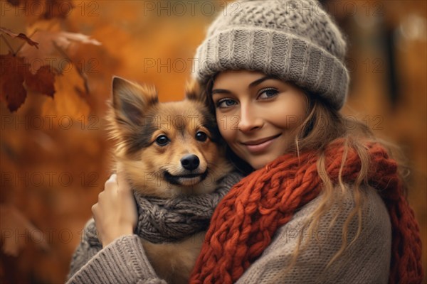 Woman with knitted hat and scarf hugging her pet dog in autumn forest. KI generiert, generiert AI generated