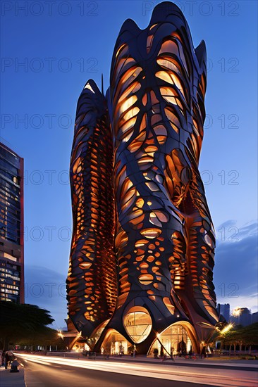 Futuristic skyscraper with termite mounds for natural ventilation and energy efficiency, AI generated