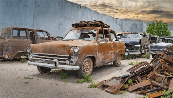 Rusty, abandoned cars and steel debris in a junkyard as the sun sets, symbolic photo, AI generated, AI generated