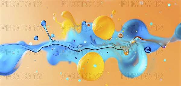 Abstract wallpaper with colorful turquoise and yellow blobs and liquid shapes on a orange background, AI generated