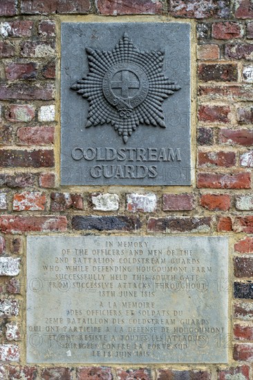 Commemorative plaque for British 2nd Battalion, Coldstream Guards defending Château d'Hougoumont in 1815 Battle of Waterloo, Braine-l'Alleud, Belgium, Europe