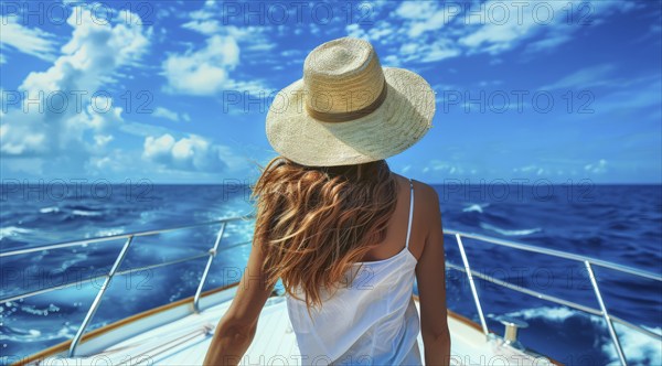 Young beautiful lady in a hat standing on yacht during luxury cruise and looking at azure ocean, AI generated