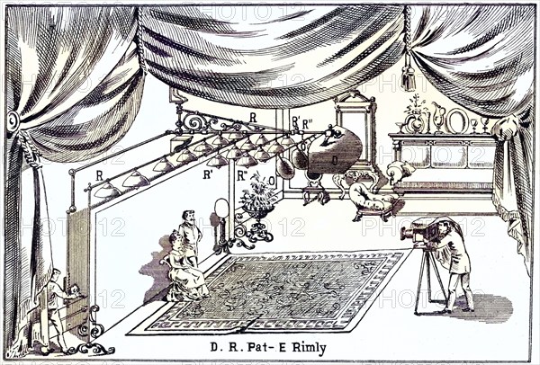 Photographer's studio equipped with arc lamps. From The Philosopher's Stone, Leipzig, c. 1895, copperplate engraving, historical, digitally restored reproduction from a 19th century original, record date not stated