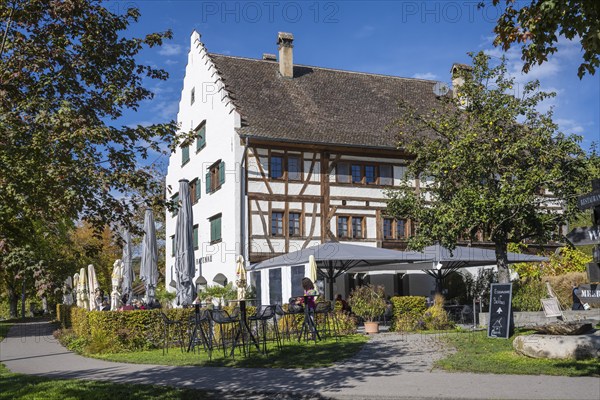 Historic half-timbered building from Rebgut Haltnau near Meersburg with outdoor catering directly on the vineyard, Lake Constance, Lake Constance district, Baden-Württemberg, Germany, Europe