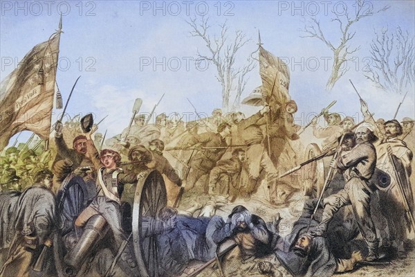 Capture of a Confederate flag at the Battle of Murfreesboro in 1862. From a painting by Alonzo Chappel, Historical, digitally restored reproduction from a 19th century original, Record date not stated