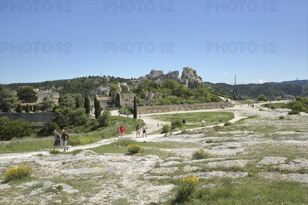 Plateau with tourists from the mountain village of Les Baux-de-Provence, Alpilles, Alpilles, Bouches-du-Rhône, Provence, France, Europe