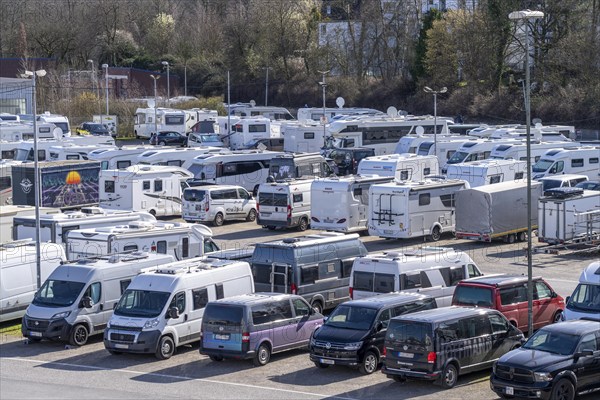 Motorhomes, parking, overnight stay at the P2 car park during the Reise + Camping trade fair in Essen, North Rhine-Westphalia, Germany, Europe