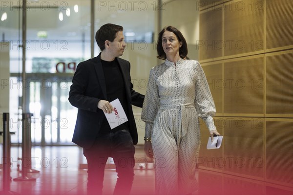 Kevin Kuehnert, SPD Secretary-General, and Katarina Barley, SPD lead candidate for the 2024 European elections, at a press conference following the SPD Presidium meeting after the European elections at the Willy Brandt House in Berlin, 10 June 2024