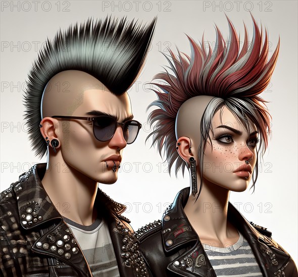 A male and a female punk with punk hairstyle, mohawk, leather clothes and piercing, symbolic image youth culture, punk, rebellion, AI generated, AI generated