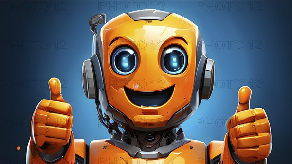 Friendly smiling orange robot with a thumb up symbolizing artificial intelligence, AI generated