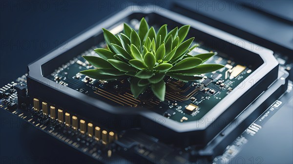 Plant growing on a computer chip representing digital ecology business, AI generated