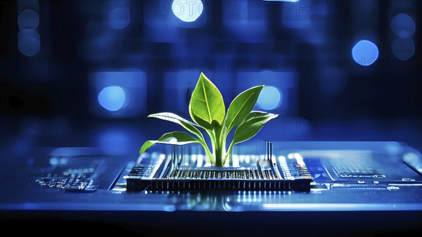 Plant growing on a computer chip representing digital ecology business, AI generated