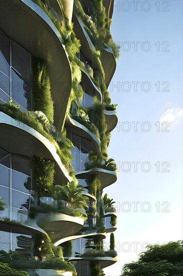 Futuristic skyscraper with termite mounds for natural ventilation and energy efficiency, AI generated