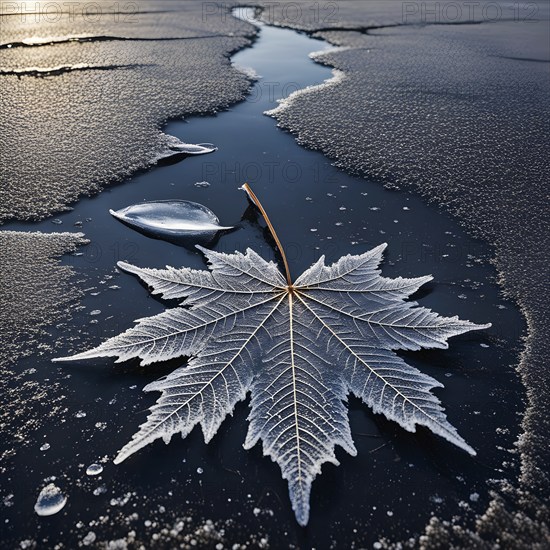 Delicate leaf resting on the surface of a frozen puddle, with intricate ice crystals forming beneath it, captured in soft, natural light, AI generated