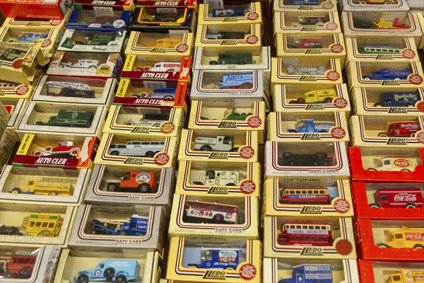 Displayed boxed of Lledo models old collectible vehicles, UK