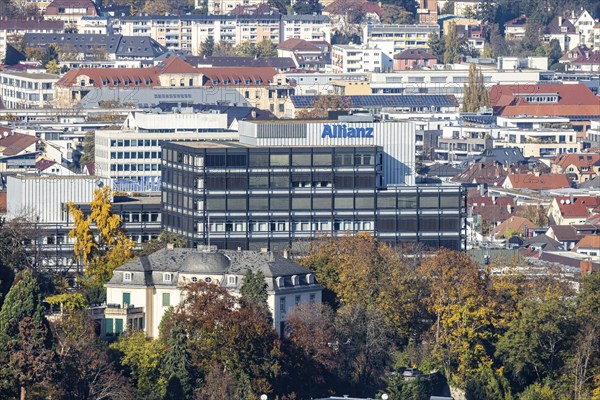 City view of Stuttgart. Urban development, office building of the Allianz insurance group with logo, Reinsburgstraße branch in Stuttgart, Baden-Württemberg, Germany, Europe