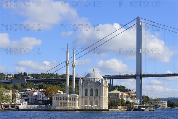 Ortakoy Mosque or Grand Mecidiye Mosque under the Bosphorus Bridge, Besiktas, Istanbul, Turkey, Asia