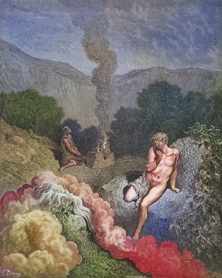 Engraving from the Dore Bible illustrating Genesis, Cain and Abel offering their sacrifices by Gustave Dore 1832-1883 French artist and illustrator, Historical, digitally restored reproduction from a 19th century original, Record date not stated