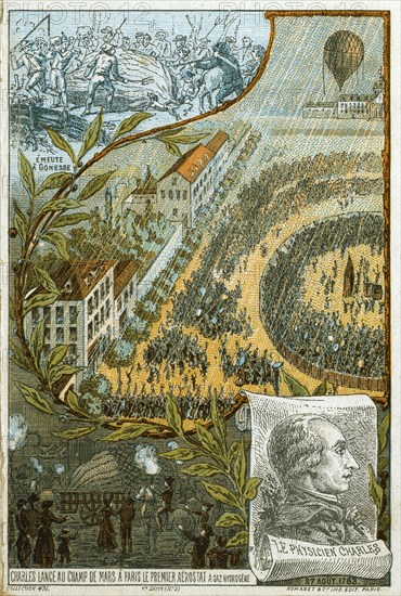 Launch of the first hydrogen-filled (unmanned) balloon from the Champ de Mars, Paris, France, on 17 August 1783 by Jacques Charles and Robert Brothers. It travelled the 25 km to Gonesse, where it was destroyed by frightened farmers. Aviation, Europe