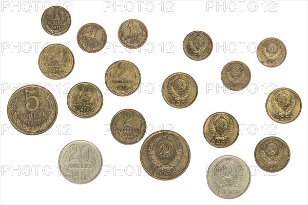 Collection of used Soviet coins worth 1 kopeck to 20 kopecks, 1960s and 1970s, obverse and reverse