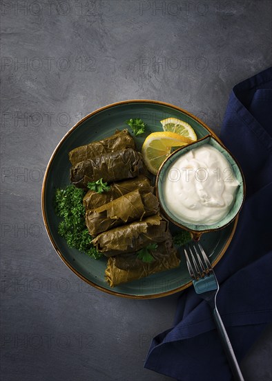 Dolma, cabbage rolls, grape leaves with filling, white sauce, lemon and herbs, rustic, selective focus, no people