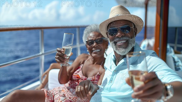 African american couple enjoying cocktails on the deck of a luxury cruise ship. generative AI, AI generated