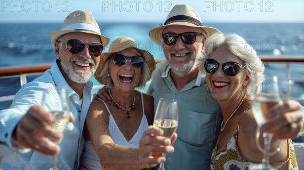 Group of friends enjoying cocktails on the deck of a luxury cruise ship. generative AI, AI generated