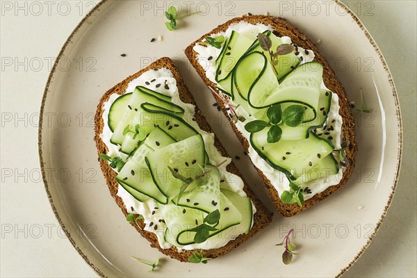 Breakfast, cereal bread sandwiches, cream cheese, sliced cucumber, with micro greenery on a light table, close-up, top view, selective focus, no people