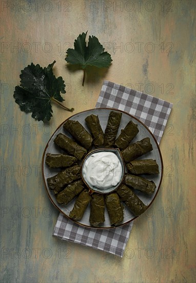 Dolma, cabbage rolls in grape leaves, Traditional Armenian dish, with white sauce, top view, close-up, selective focus