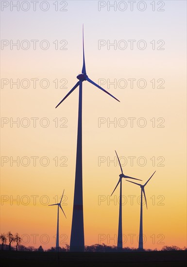 Wind turbines at dawn, Wevelsburg wind farm, Büren, Paderborn plateau, North Rhine-Westphalia, Germany, Europe