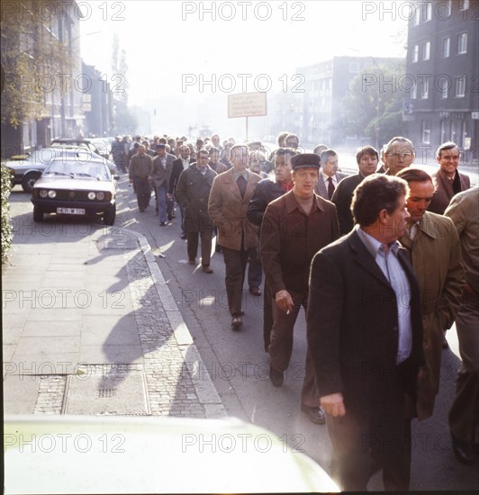 Eche DEU, Germany, Dortmund: Personalities from politics, business and culture from the years 1965-90 Ruhr Area. Steelworkers demonstrate for the preservation of their jobs .ca.1980 DEU, Dortmund: Personalities from politics, business and culture from the years 1965-90, Europe