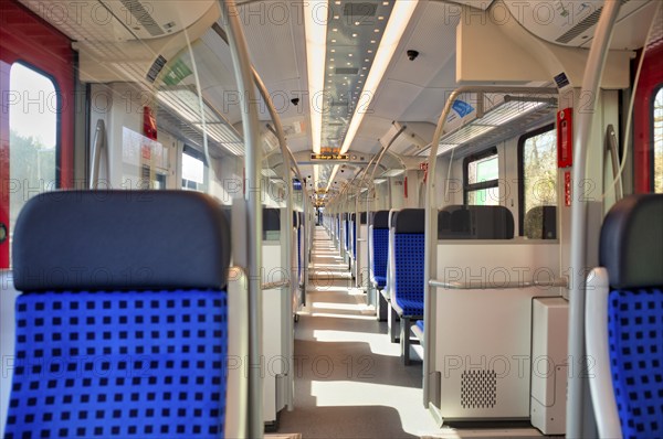 Interior, S-Bahn, empty, seats, corridor, hallway, flooded with light, Bad Cannstatt, Stuttgart, Baden-Württemberg, Germany, Europe