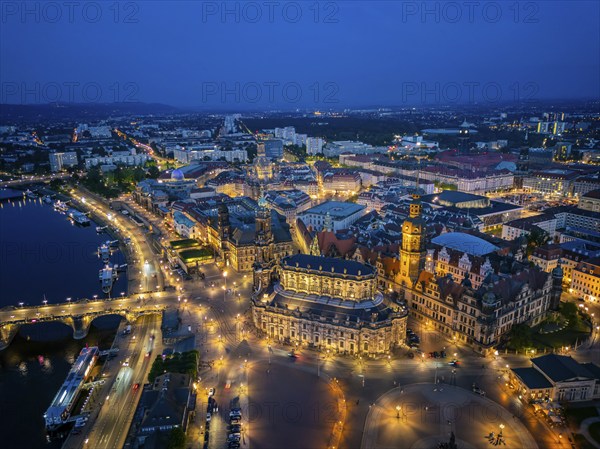 Theatre Square, Court Church, Royal Palace, Brühl's Terrace, Ständehauis on the Elbe, with Augustus Bridge, Dresden, Saxony, Germany, Europe