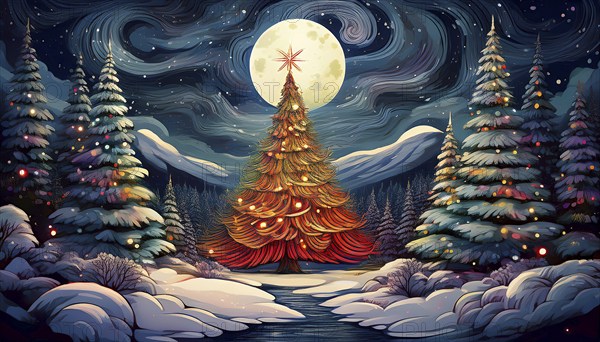 Illustration of a Christmas tree in a snowy landscape on a starry night with a full moon, AI-generated image, AI generated