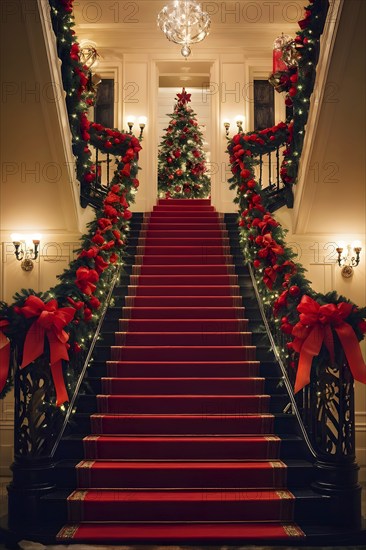 Elegant Christmas holiday staircase lined with garlands, red ribbons, and glowing lanterns, leading up to a warmly lit hallway, AI generated