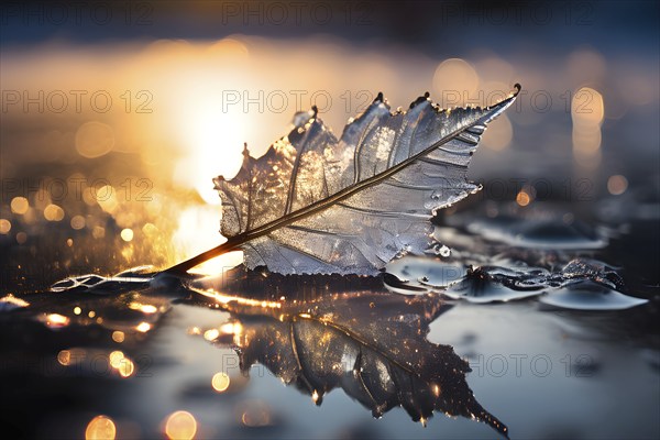 Delicate leaf resting on the surface of a frozen puddle, with intricate ice crystals forming beneath it, captured in soft, natural light, AI generated