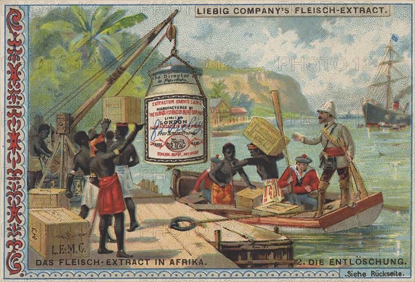 Series Export of Liebig meat extract to Africa, The unloading of the goods on site, Liebig picture, digitally restored reproduction of a collection picture from ca 1900, public domain, exact date unknown, workers unloading crates in an exotic environment