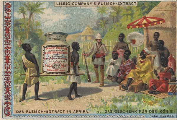 Series Export of Liebig meat extract to Africa, a promotional gift for the king, Liebig picture, digitally restored reproduction of a collector's picture from ca 1900, public domain, exact date unknown, presentation of gifts to a local king