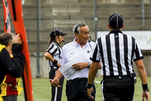 ELF/ Game : Rhein Fire at Helvetic Guards on 27. Aug. 2023, in the Lidl Sportpark, Wil, Switzerland Helvetic Guards, Head Coach Norman Chow