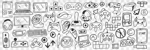 Various smart gadgets doodle set. Collection of hand drawn computers smartphones headsets headphones screens players game console joystick and 3d glasses isolated on transparent background