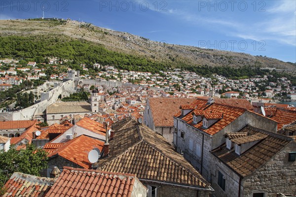 Cityscape of ancient downtown Dubrovnik seen from the city wall, Croatia, Europe