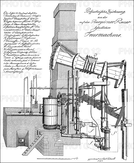 The first steam engine in Germany, 1785, Hettstedt, Germany, 18th Century, Zeichnung der Hettstedter Dampfmaschine oder Feuermaschine, 1785, die erste deutsche Dampfmaschine Wattscher Bauart, Mansfelder Kupferschieferbergbau, Hettstedt, Deutschland, 18. Jahrhundert, Europe