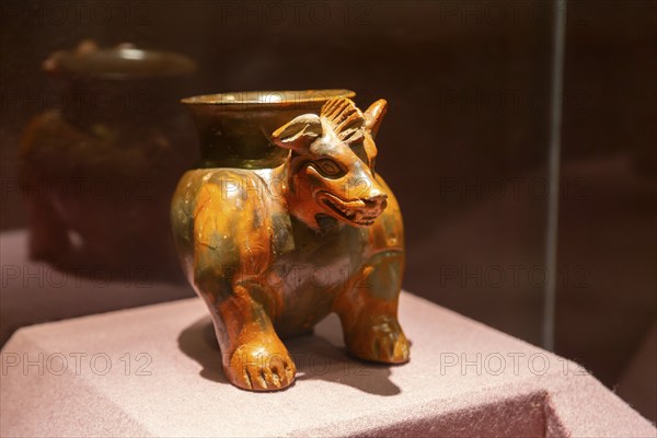 Plumbate style earthenware cremation urn in form of a dog, archaeological site and museum of Templo Mayor, Mexico City, Mexico, Central America