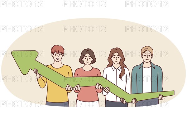 Team of men and women together hold green arrow pointing up, symbolizing development and success business. Concept of growth in financial performance due to teamwork of company employees