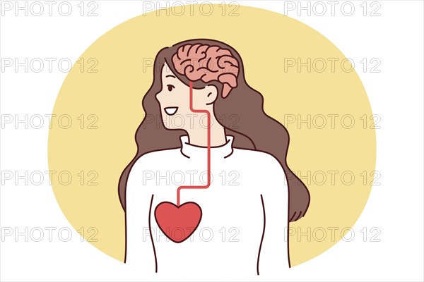 Woman looking away with visual demonstration of connection between brain and heart influencing person decision. Anatomical features of structure of body of woman for educational literature for doctors